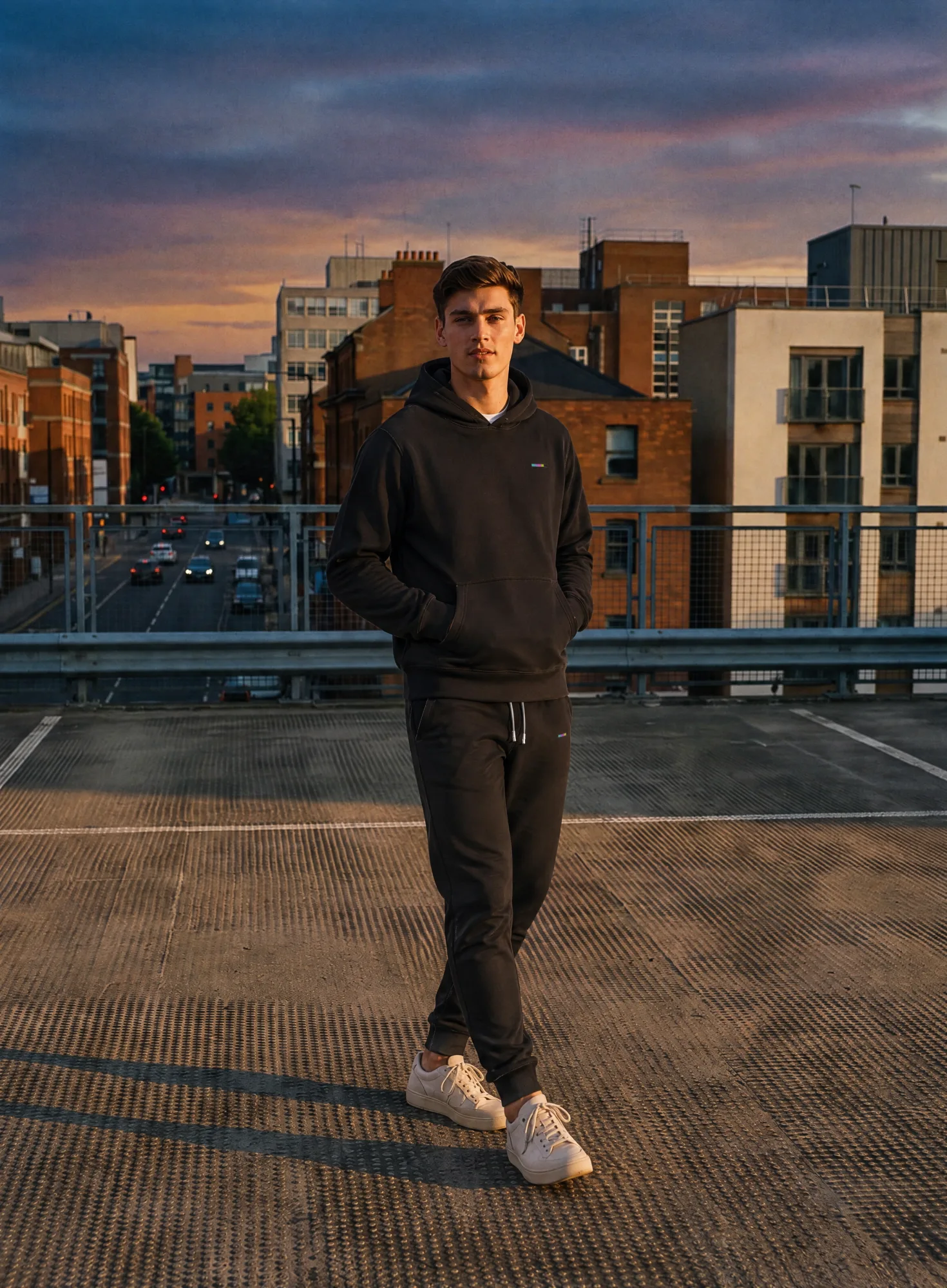 Mark wearing the Its.That. Mist T-Shirt with Black Joggers and a Charcoal Hoodie, a dark Neutrals look