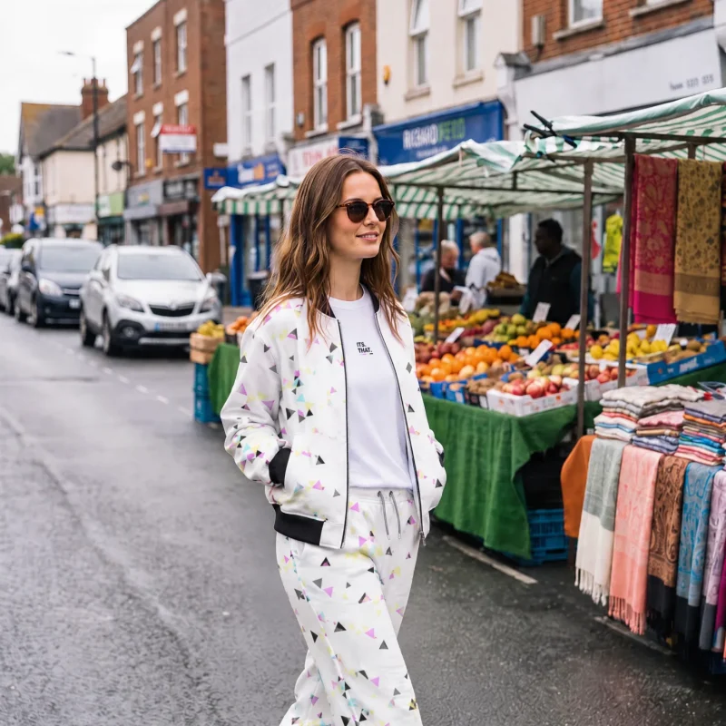 Lily wearing Its.That. White Scatter Joggers and the Geo Scatter Bomber Jacket over a white logo tee