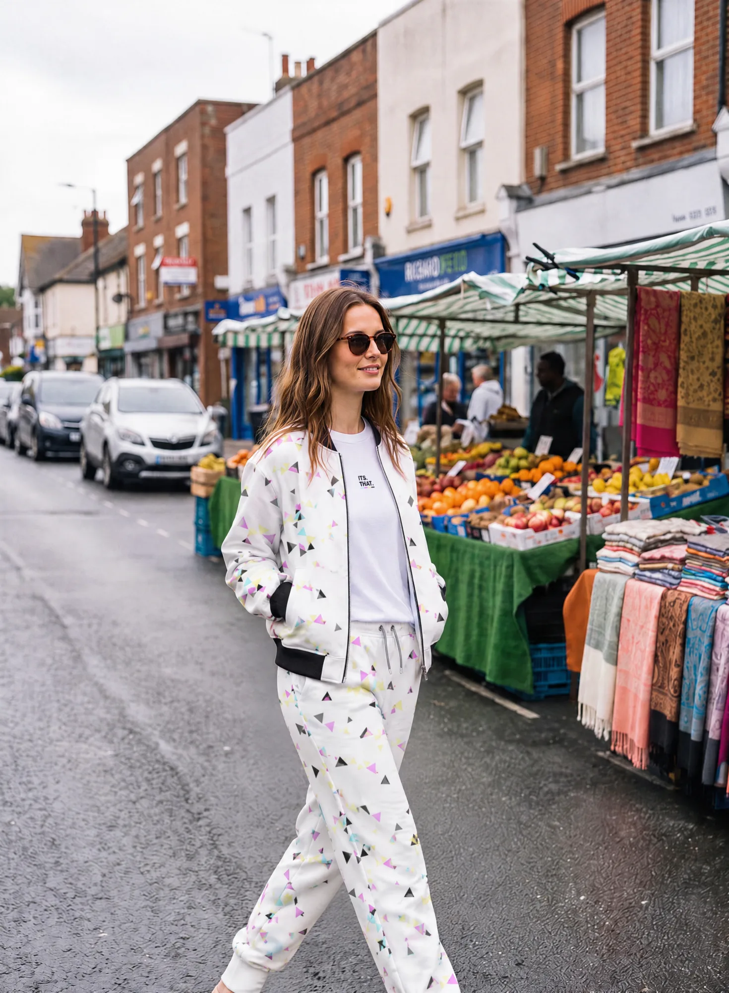 Lily wearing Its.That. White Scatter Joggers and the Geo Scatter Bomber Jacket over a white logo tee
