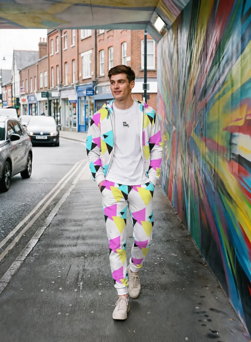 Mark wearing Its.That. White Blocks Joggers and an open Geo Blocks hoody over a white logo tee