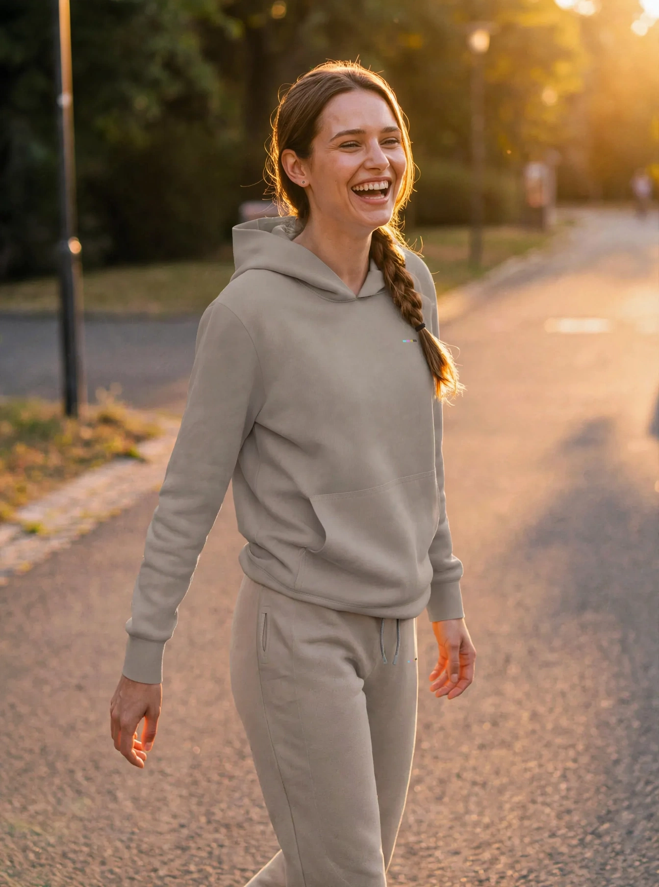 Taupe Hoodie, front view, on model