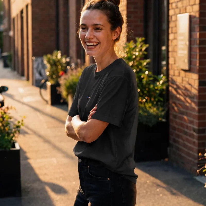 Black T-Shirt, front view, on model