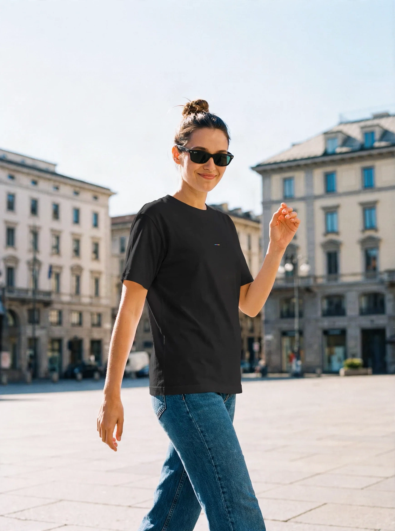 Black T-Shirt, front view, on model