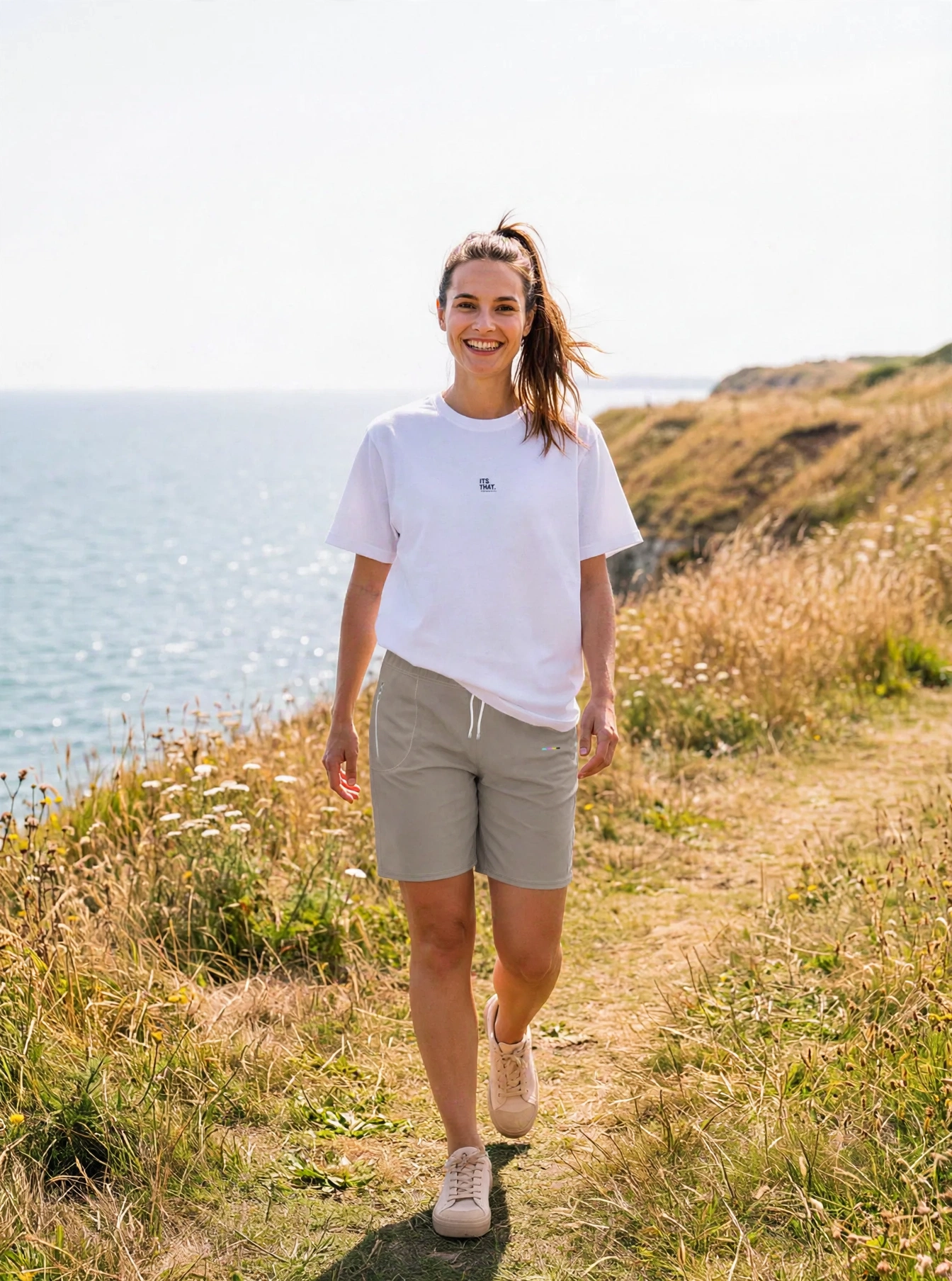 Taupe Shorts, front view, on model