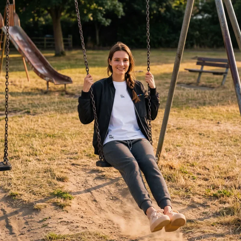 Charcoal Bomber worn with joggers and a white tee, on model