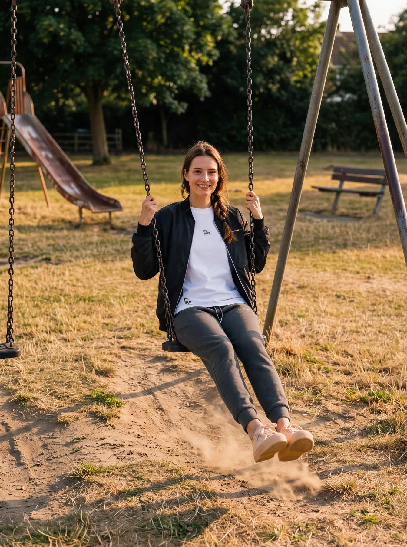 Charcoal Bomber worn with joggers and a white tee, on model