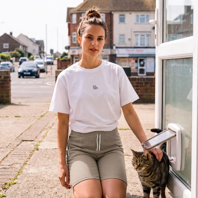Taupe Shorts, front view, on model