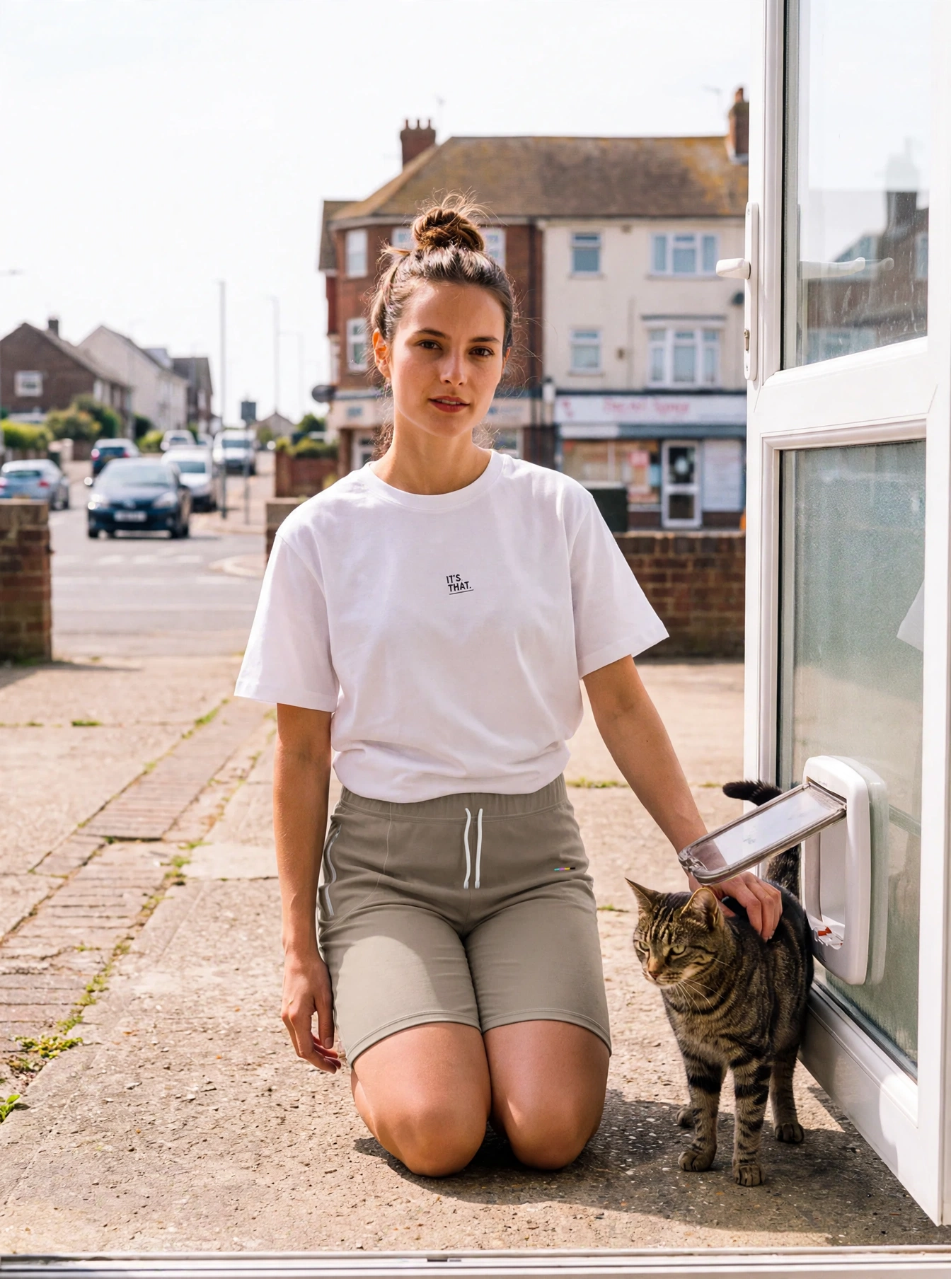 Taupe Shorts, front view, on model