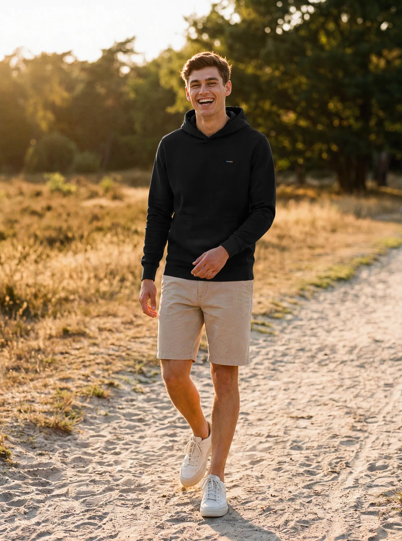 Black Hoodie, front view, on model