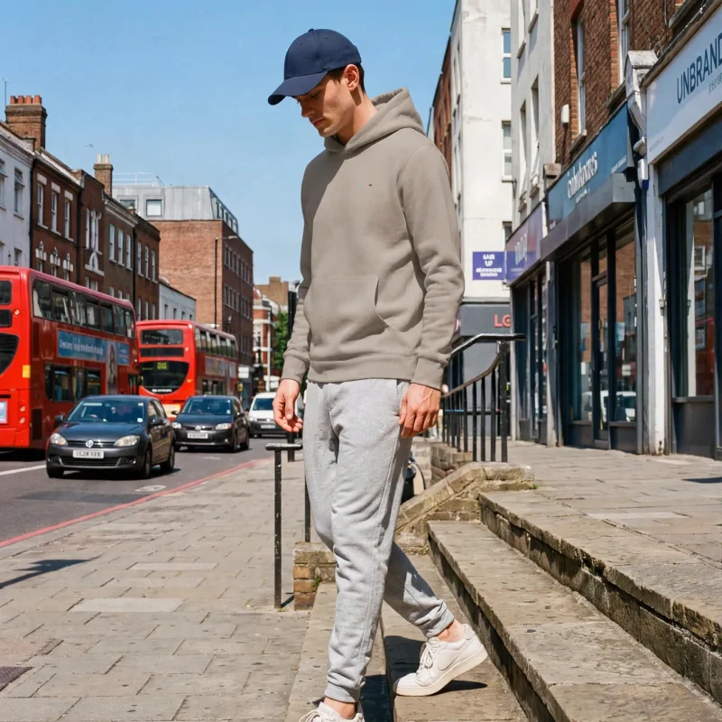 Taupe Hoodie, front view, on model