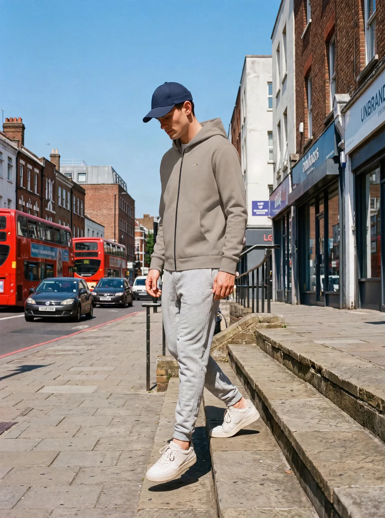 Taupe Hoodie, front view, on model