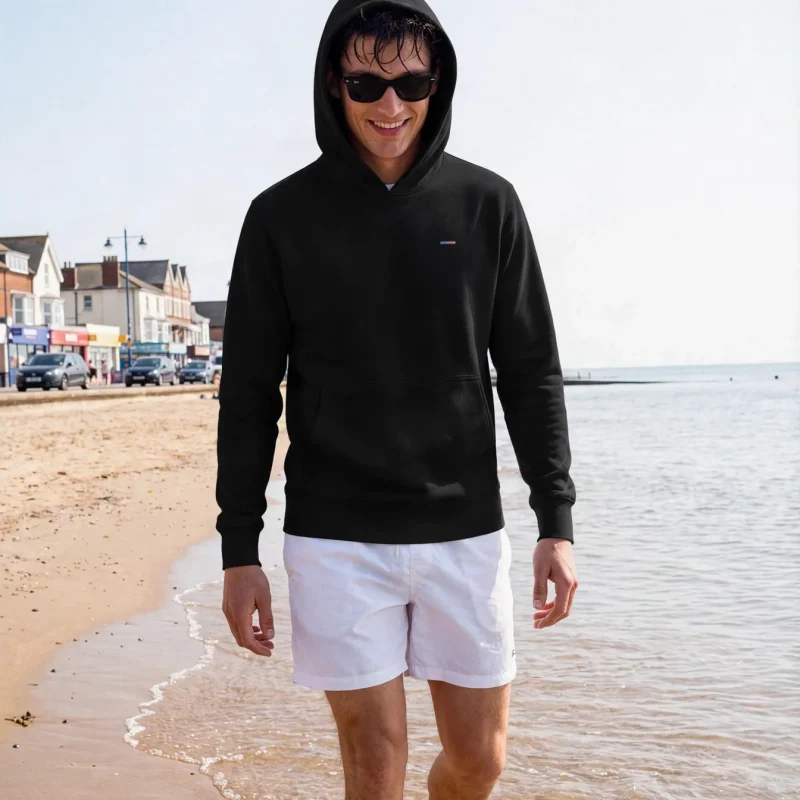 Black Hoodie, front view, on model