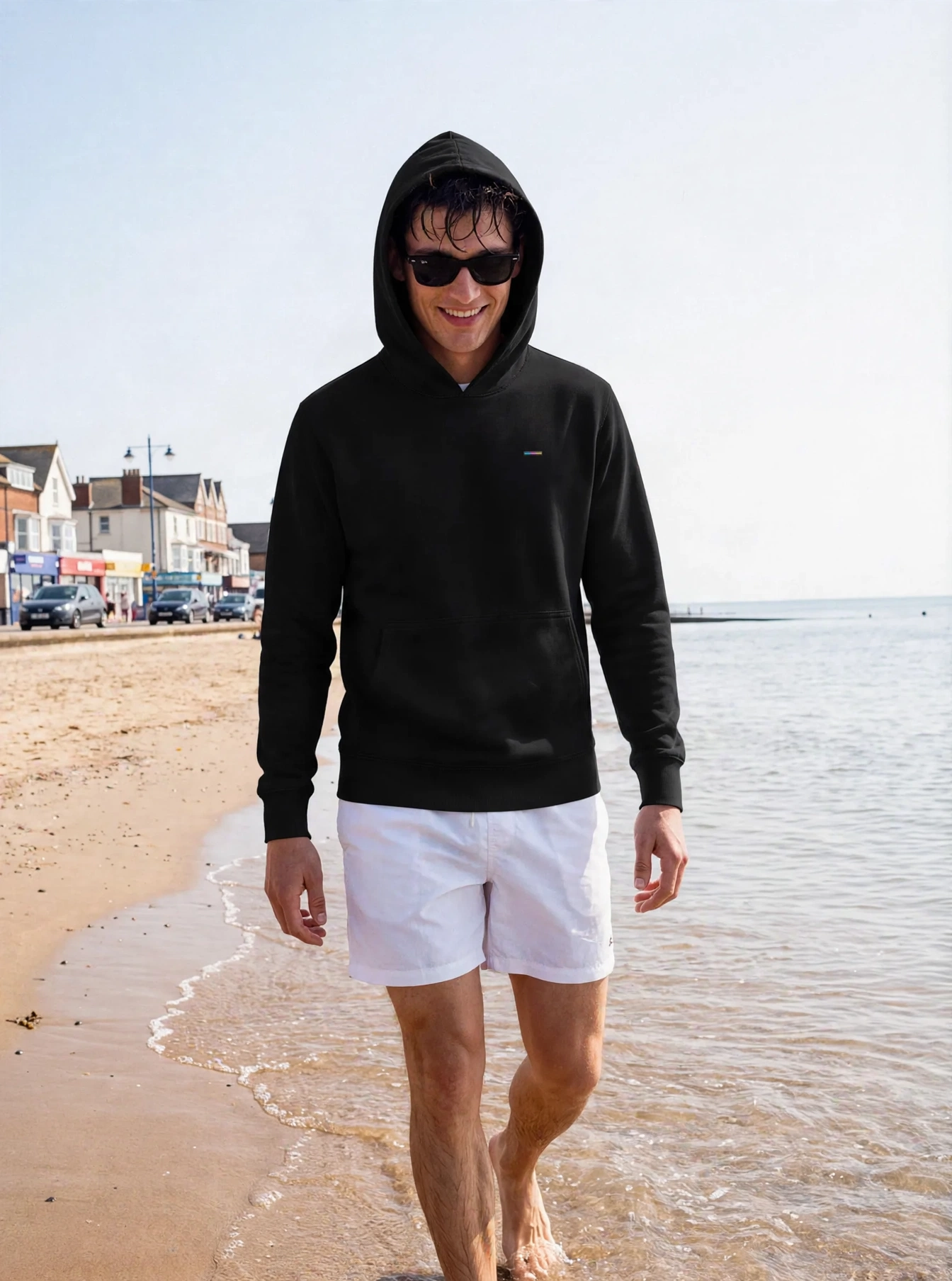 Black Hoodie, front view, on model