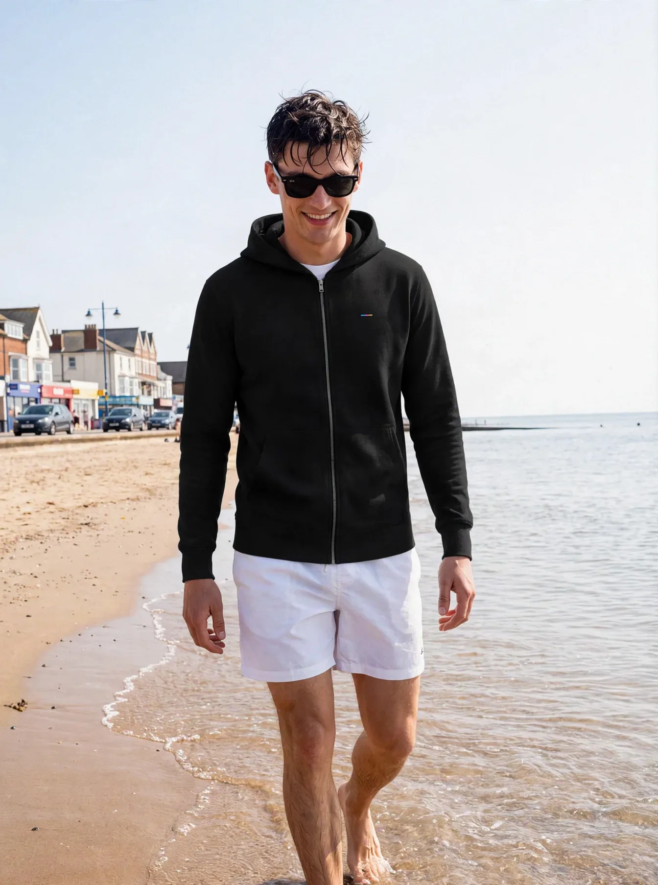 Black Hoodie, front view, on model
