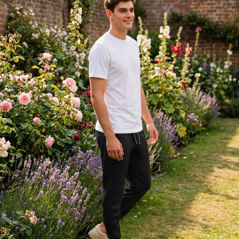 Black Joggers, front view, on model