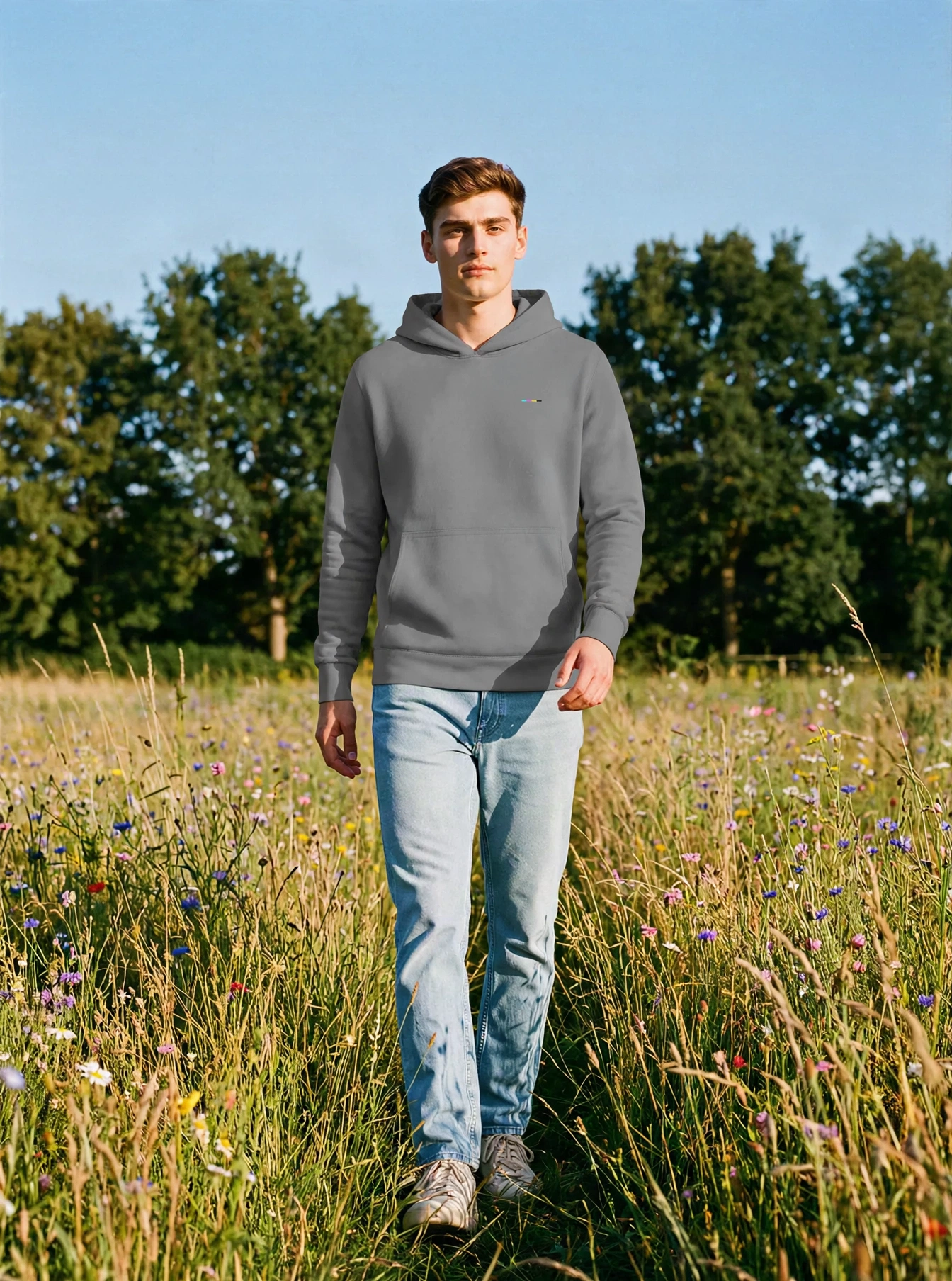 Ash Hoodie, front view, on model