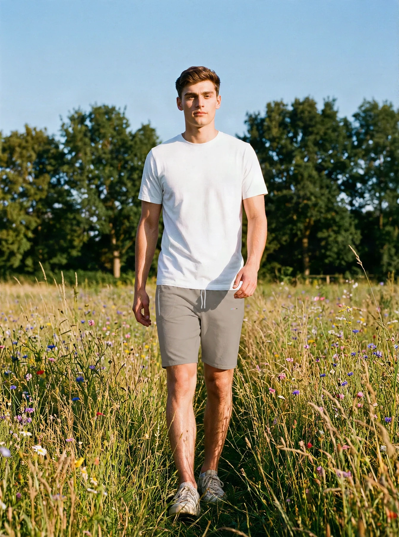 Taupe Shorts, front view, on model