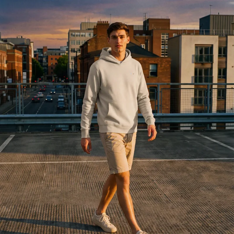 Stone Hoodie, front view, on model