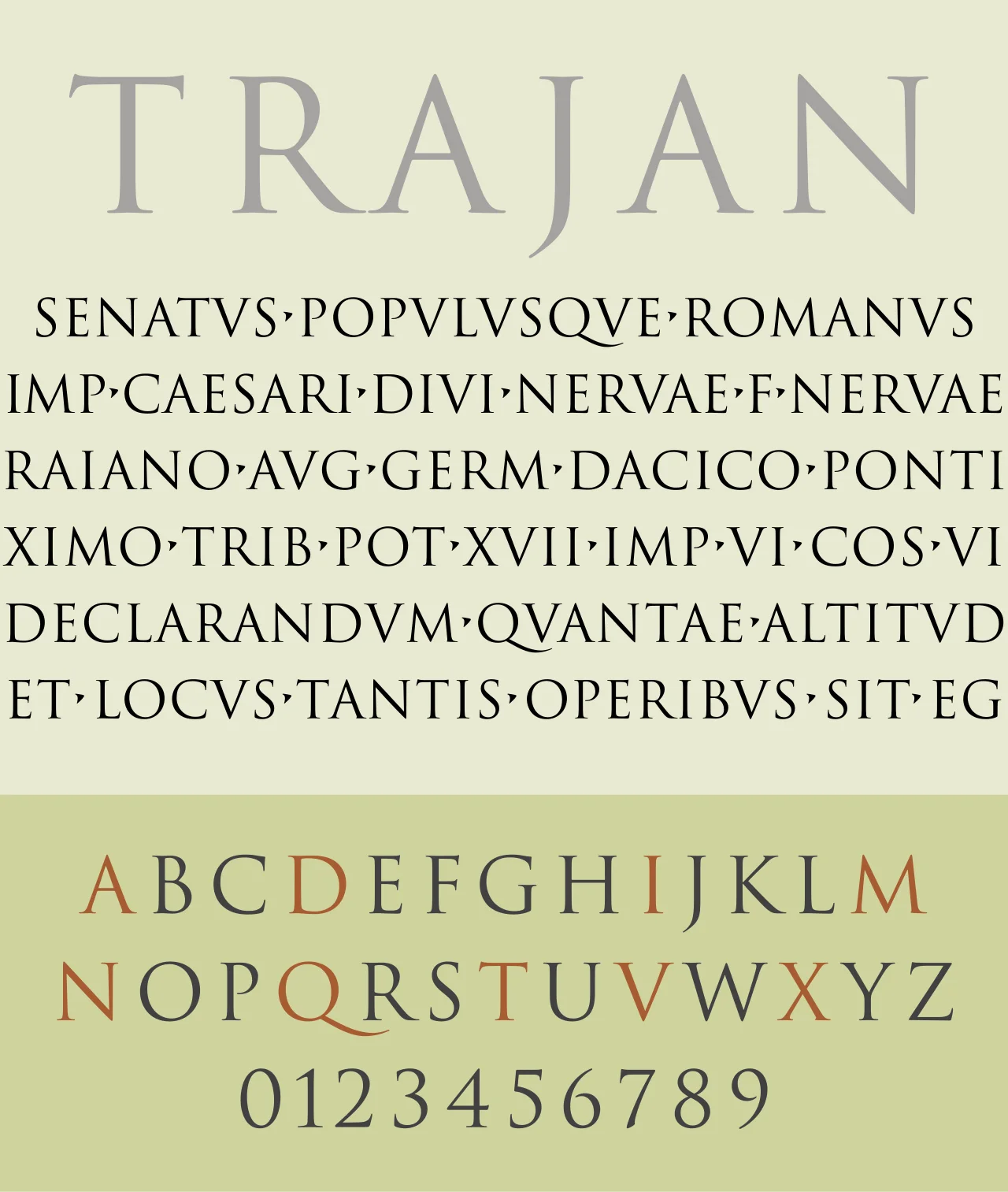 Specimen sheet of the Trajan typeface showing capital letters modelled on the Roman square capitals inscribed at the base of Trajan's Column