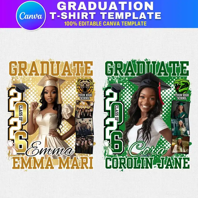 A Canva-editable Class of 2026 bootleg rap tee template featuring bold hip-hop-inspired typography and graduation-themed graphic design on a white T-shirt mockup