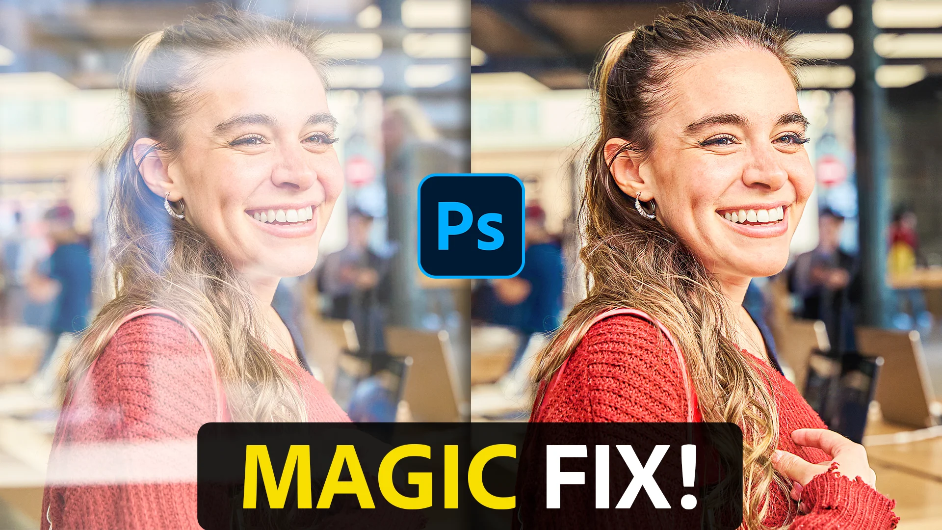 Photoshop tutorial screenshot showing the Patch Tool being used to select and remove an unwanted reflection from a product photograph