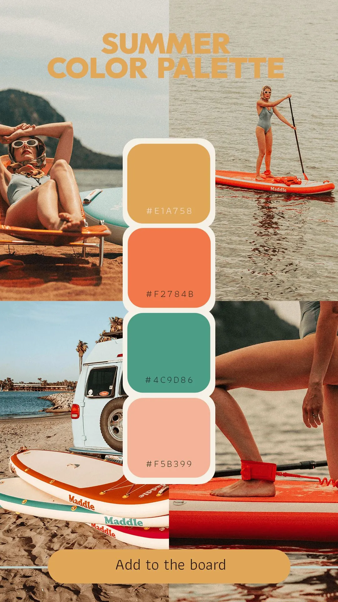 A curated summer colour palette swatch card featuring warm sunset tones, ocean blues, sandy neutrals, and tropical greens arranged for POD design inspiration