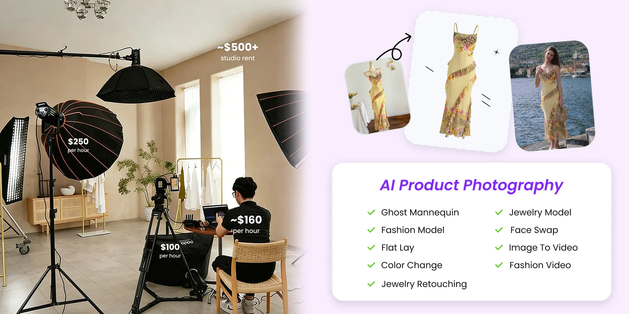 Side-by-side comparison of a traditional fashion photoshoot setup with studio lighting and a model versus an AI-generated clothing product image on a laptop screen.