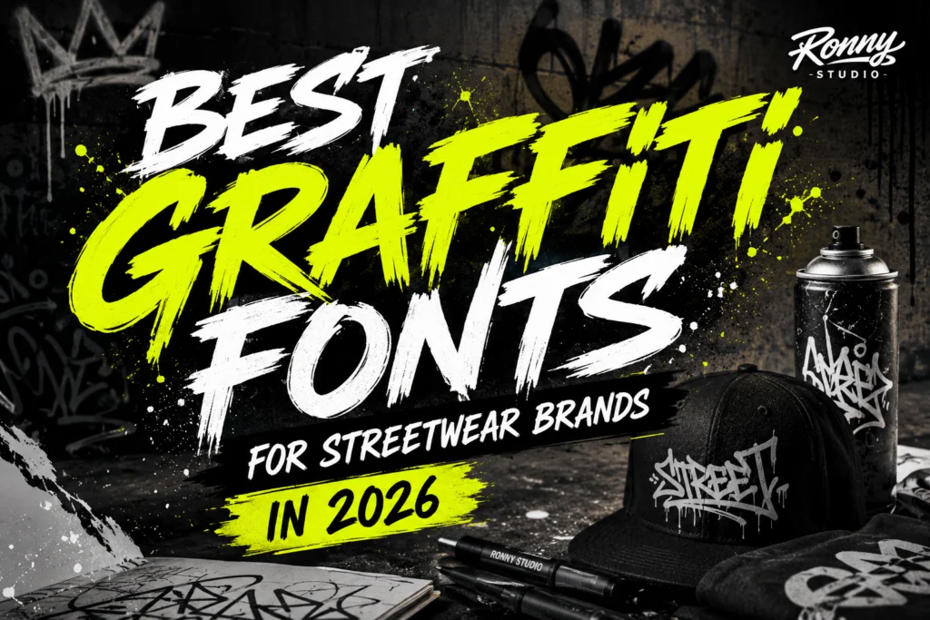 Article hero graphic for 'Best Graffiti Fonts for Streetwear Brands in 2026', featuring bold graffiti-style display typography on a streetwear-themed backdrop.