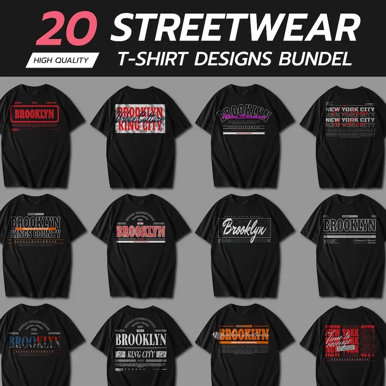 Preview mockup of an urban typography streetwear t-shirt design bundle showing bold graphic lettering layouts arranged for print-on-demand apparel.