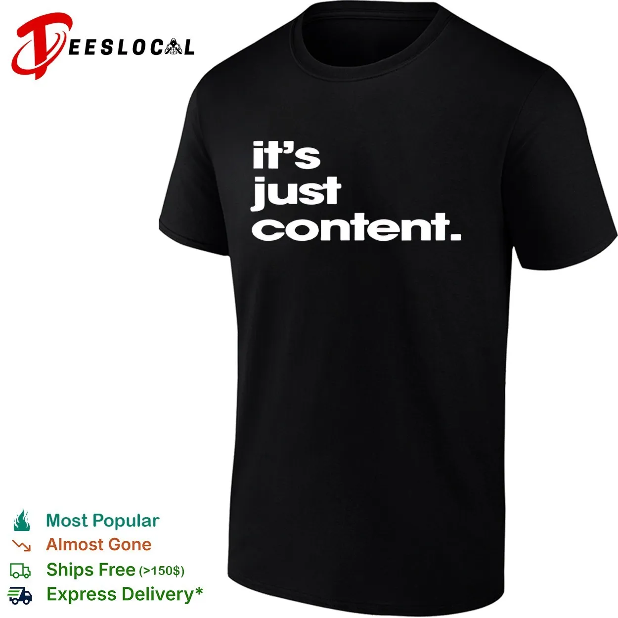 Front view of a black minimalist typography t-shirt printed with the phrase 'It's just content' in clean, understated lettering.