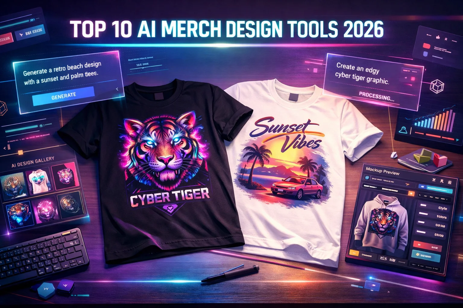 Grid comparison of the top 10 AI t-shirt and merch design tools for 2026, showing tool logos and sample design outputs
