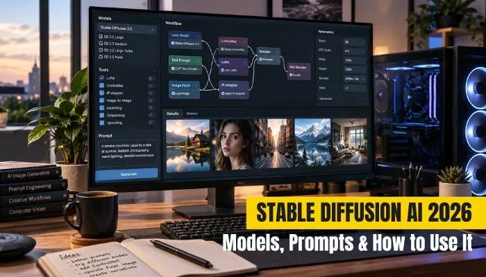 Featured banner for a 2026 guide to Stable Diffusion AI showing models, prompts, and creative workflow imagery