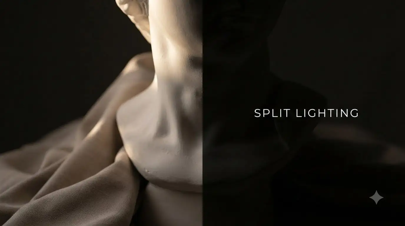 Portrait photograph demonstrating split lighting, with one half of the subject's face brightly lit and the other half in deep shadow, divided by a hard vertical line down the centre of the face