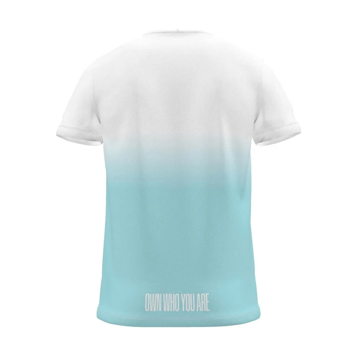 "Own who you are" Backprint Tee (Centred Hem Print), cyan dip, back view