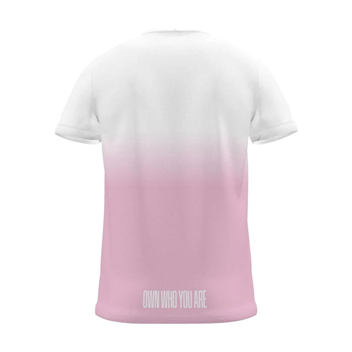 "Own who you are" Backprint Tee (Centred Hem Print), magenta dip, back view
