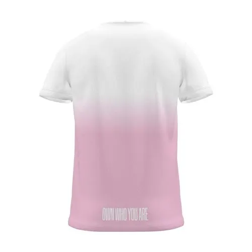 "Own who you are" Backprint Tee (Centred Hem Print), magenta dip, back view