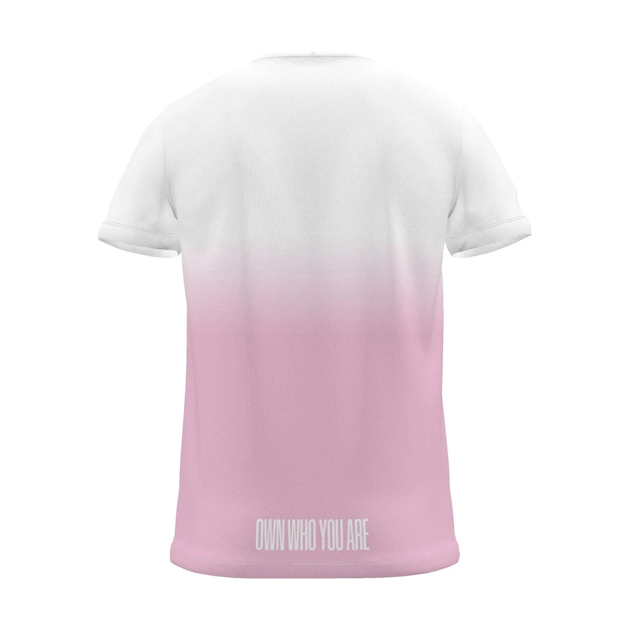 "Own who you are" Backprint Tee (Centred Hem Print), magenta dip, back view