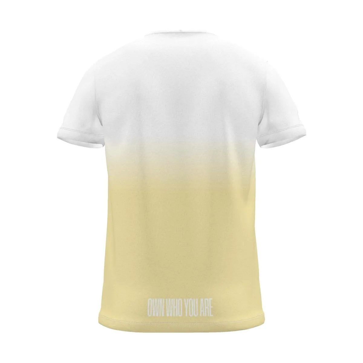 "Own who you are" Backprint Tee (Centred Hem Print), yellow dip, back view