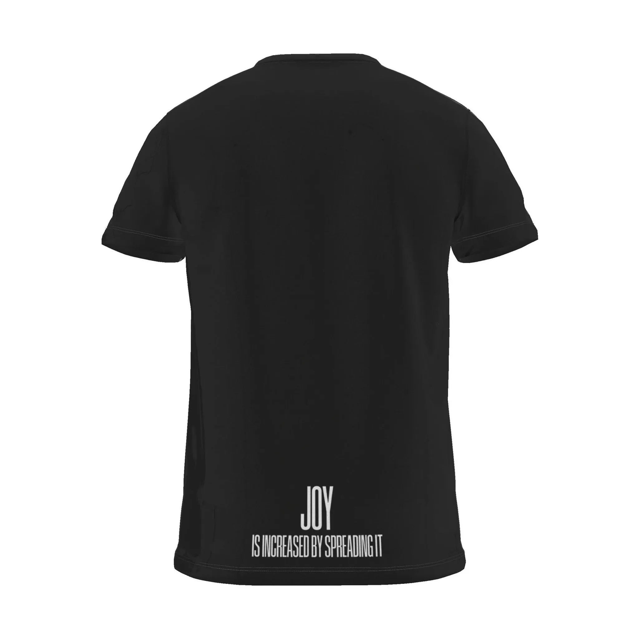 "JOY IS INCREASED BY SPREADING IT" Backprint Tee, black, back view