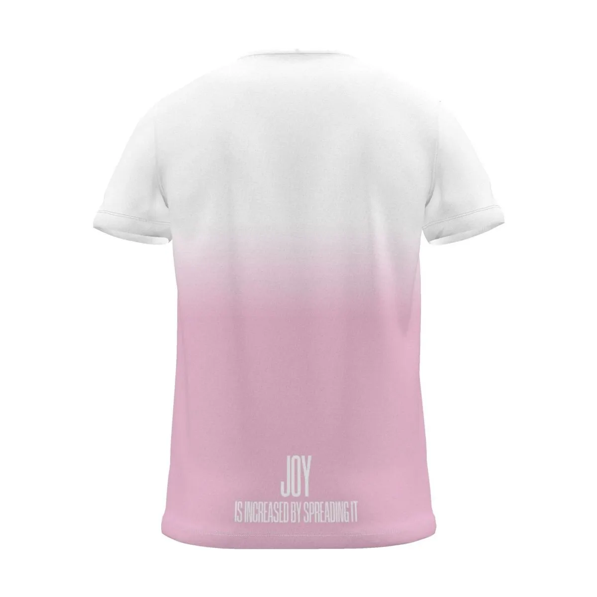 "JOY IS INCREASED BY SPREADING IT" Backprint Tee, magenta dip, back view