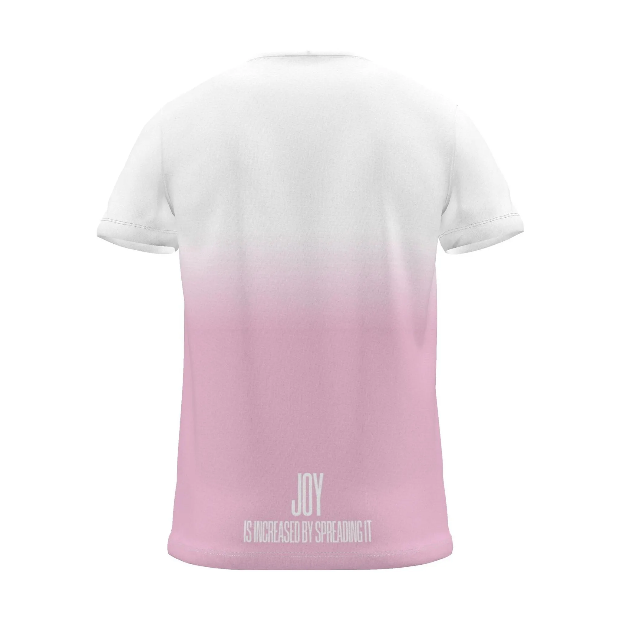 "JOY IS INCREASED BY SPREADING IT" Backprint Tee, magenta dip, back view