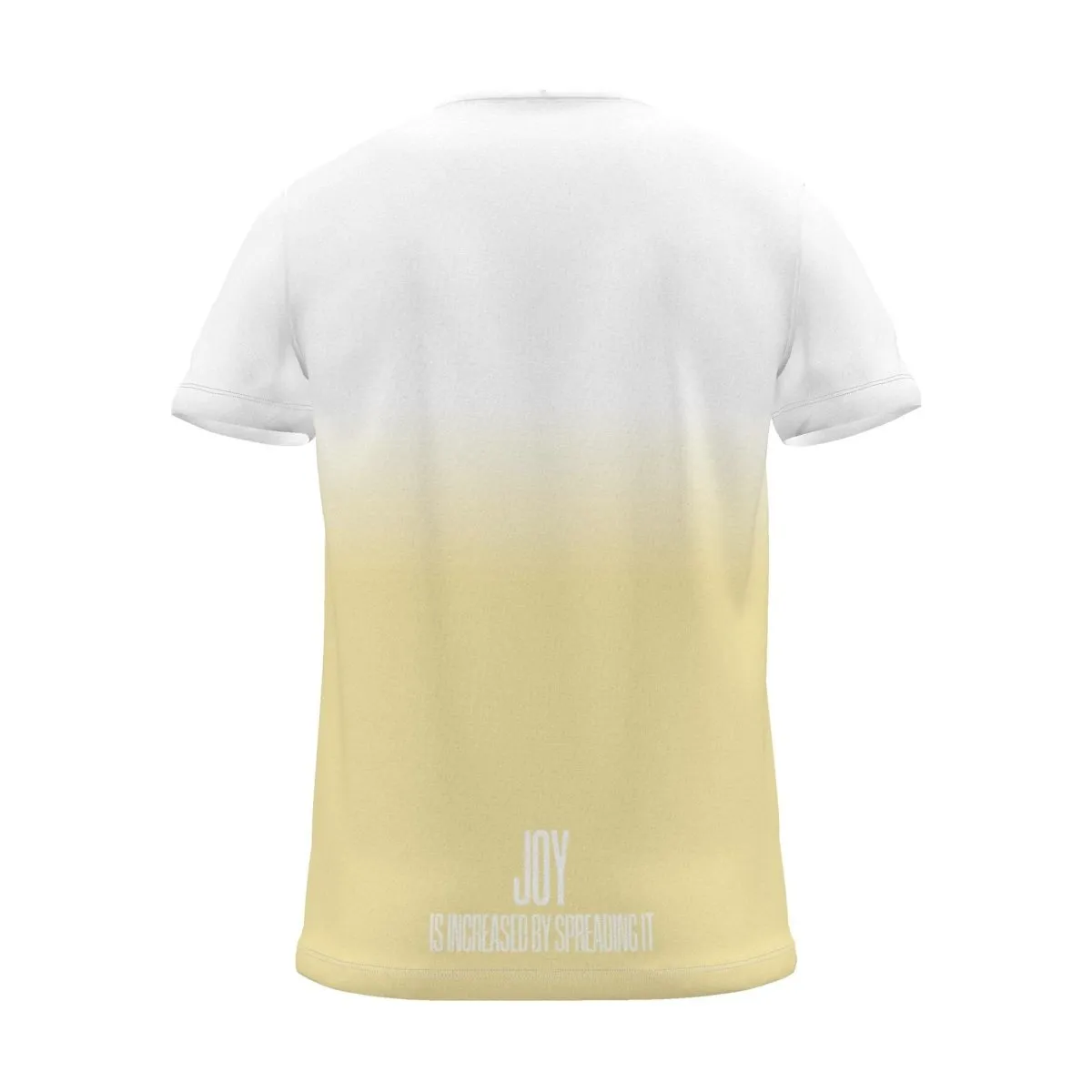 "JOY IS INCREASED BY SPREADING IT" Backprint Tee, yellow dip, back view