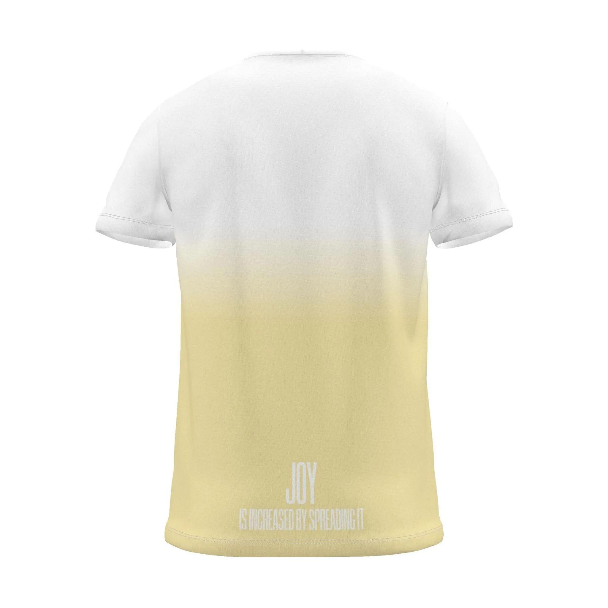 "JOY IS INCREASED BY SPREADING IT" Backprint Tee, yellow dip, back view
