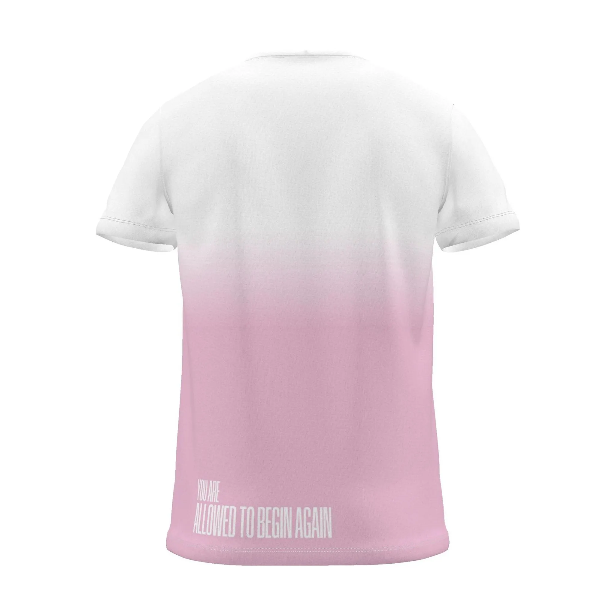 "You're allowed to begin again" Backprint Tee, magenta dip, back view