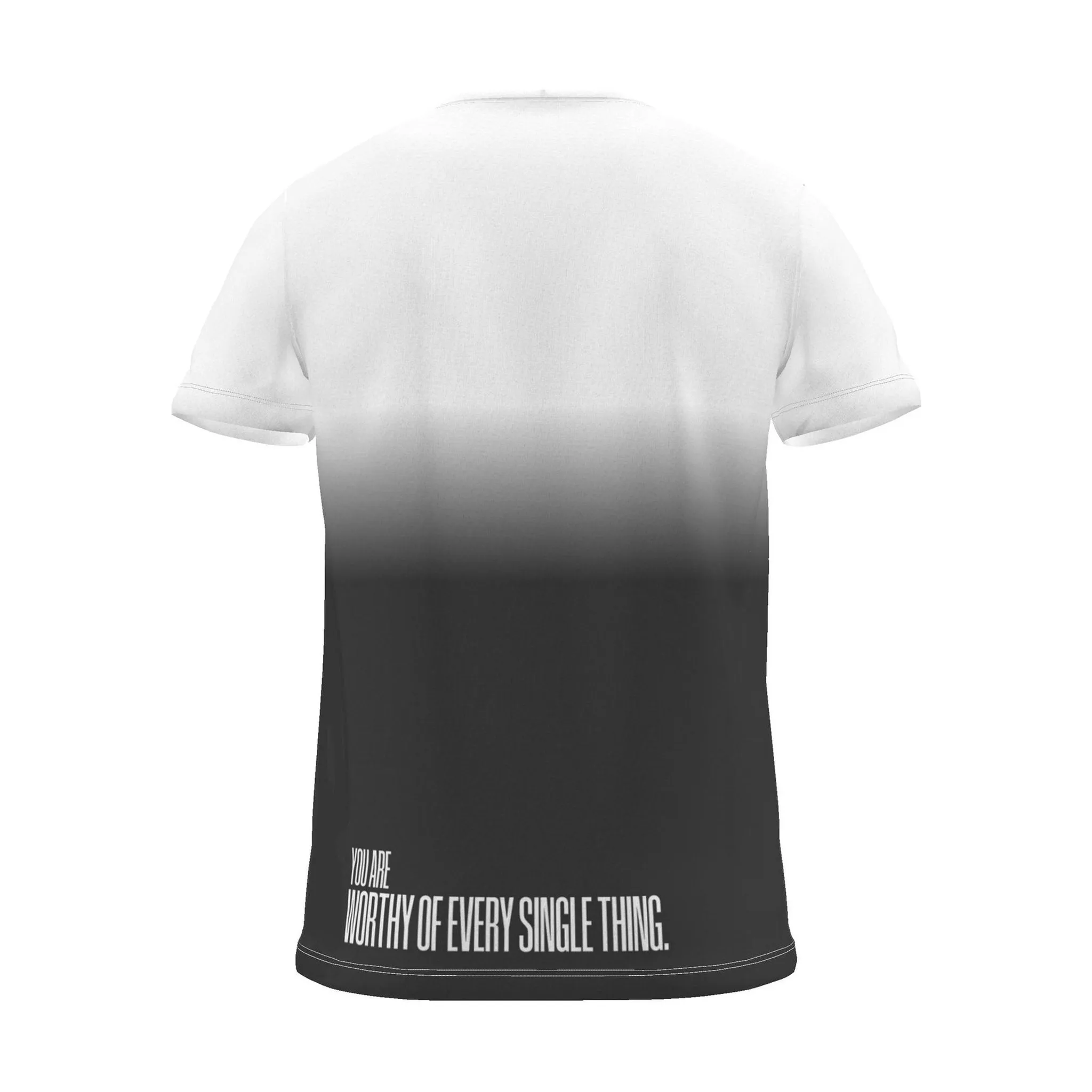"you are worthy of every single thing." Backprint Tee (Hem Print), charcoal dip, back view