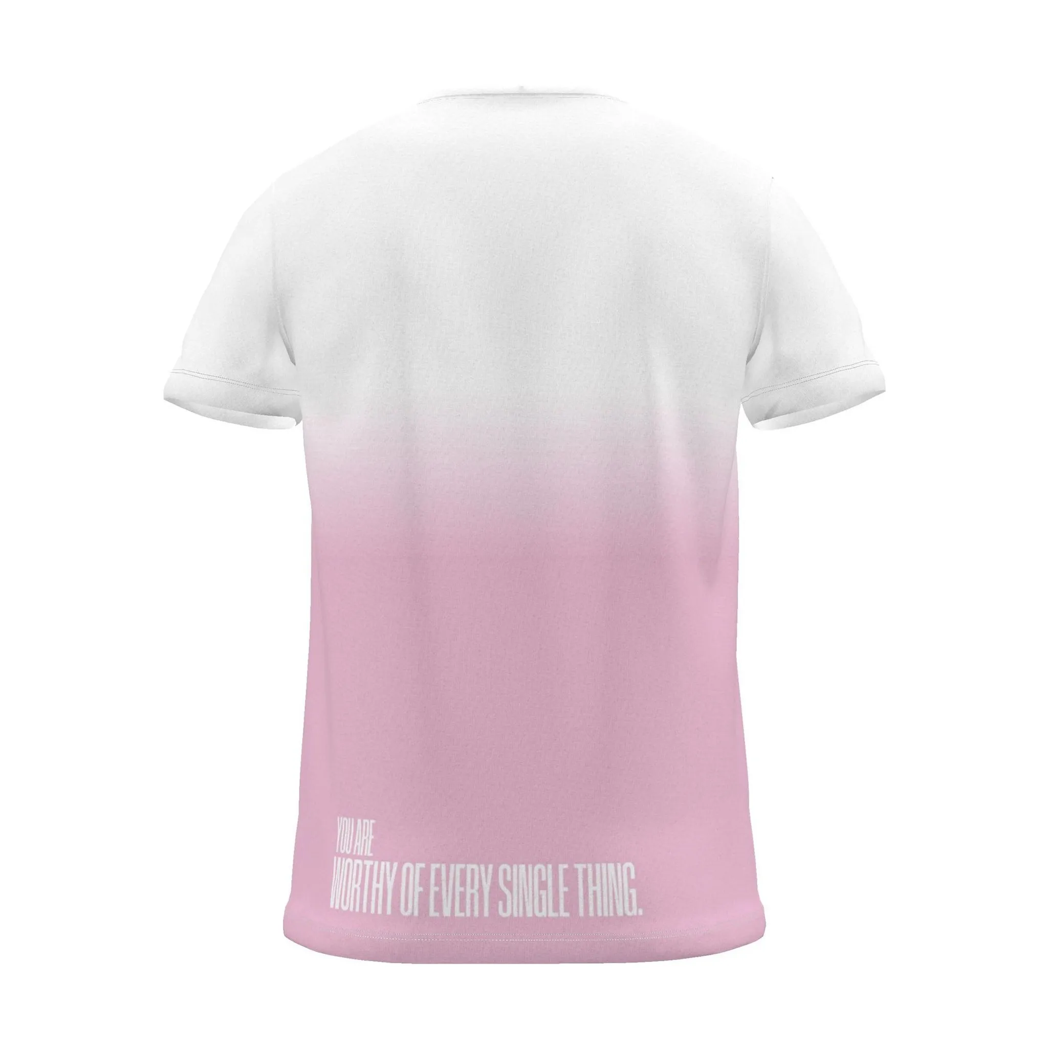 "you are worthy of every single thing." Backprint Tee (Hem Print), magenta dip, back view