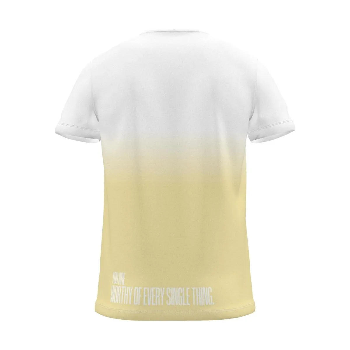"you are worthy of every single thing." Backprint Tee (Hem Print), yellow dip, back view