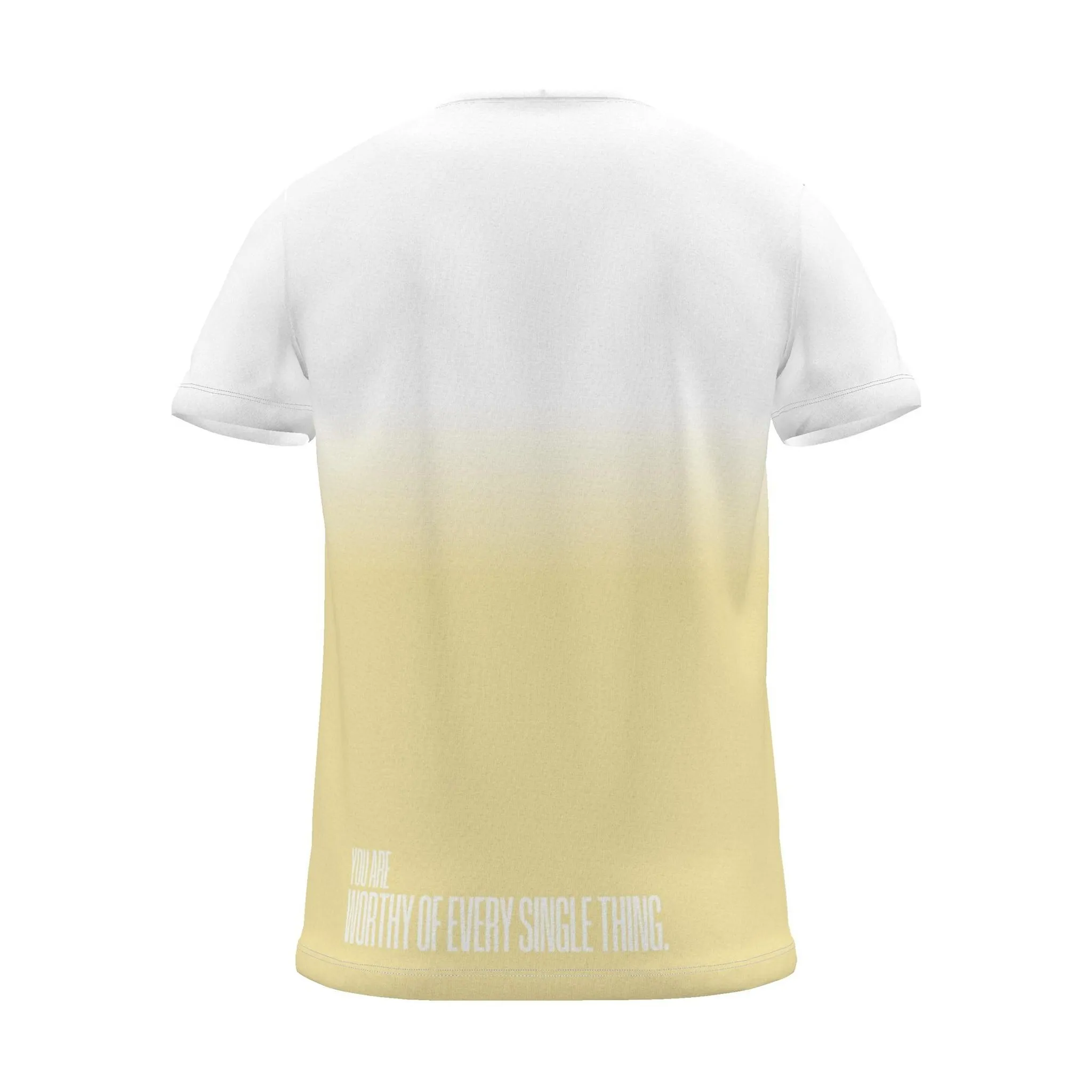 "you are worthy of every single thing." Backprint Tee (Hem Print), yellow dip, back view