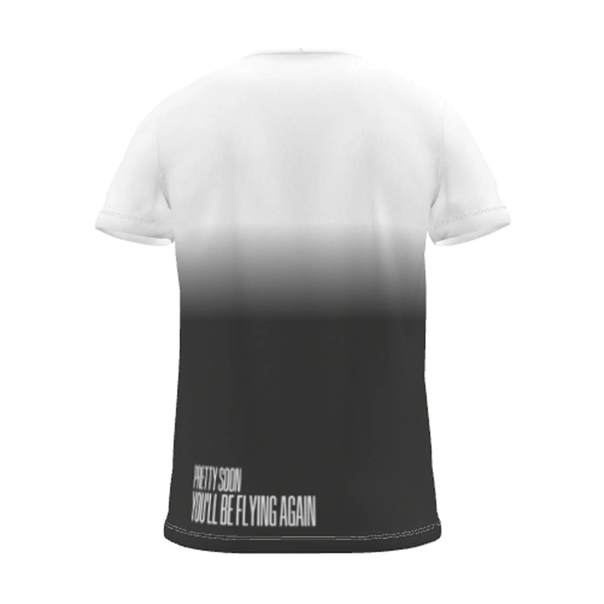 "pretty soon, you'll be flying again" Backprint Tee (Hem Print), charcoal dip, back view