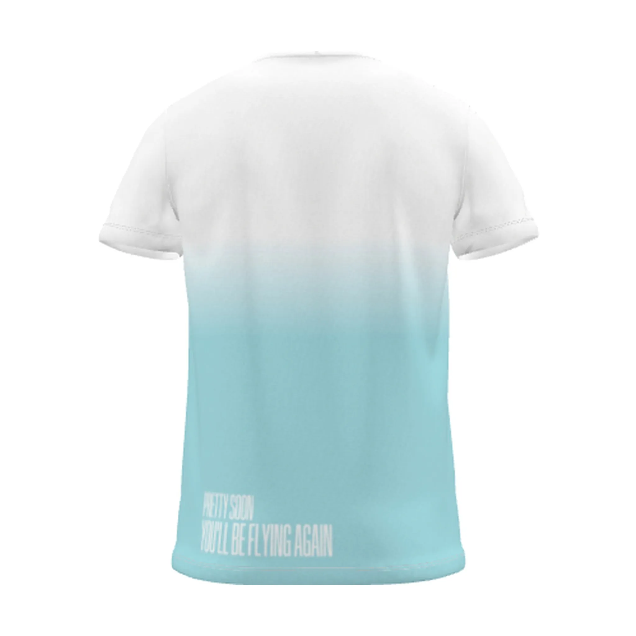 "pretty soon, you'll be flying again" Backprint Tee (Hem Print), cyan dip, back view